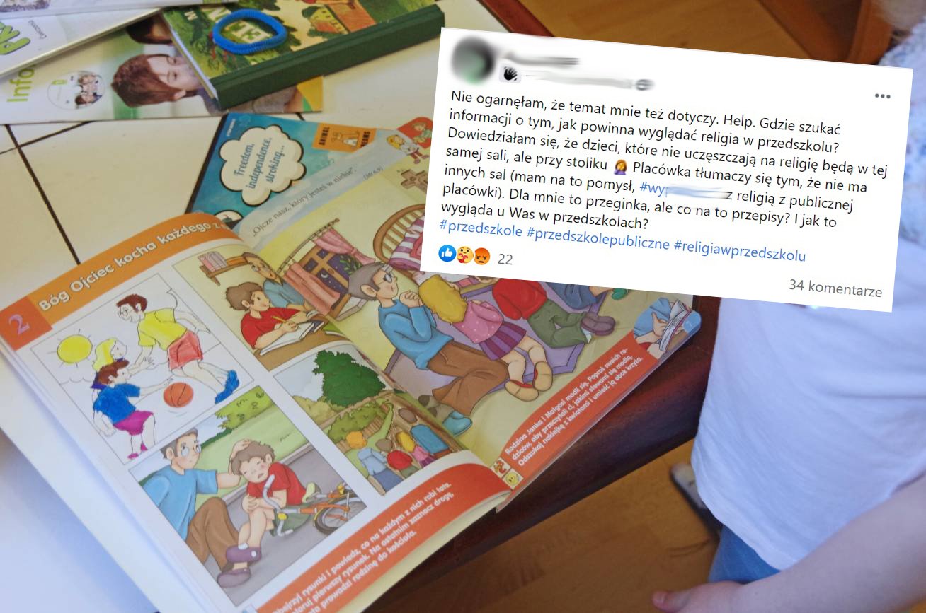 Podręcznik do religii i zrzut ekranu z Facebooka