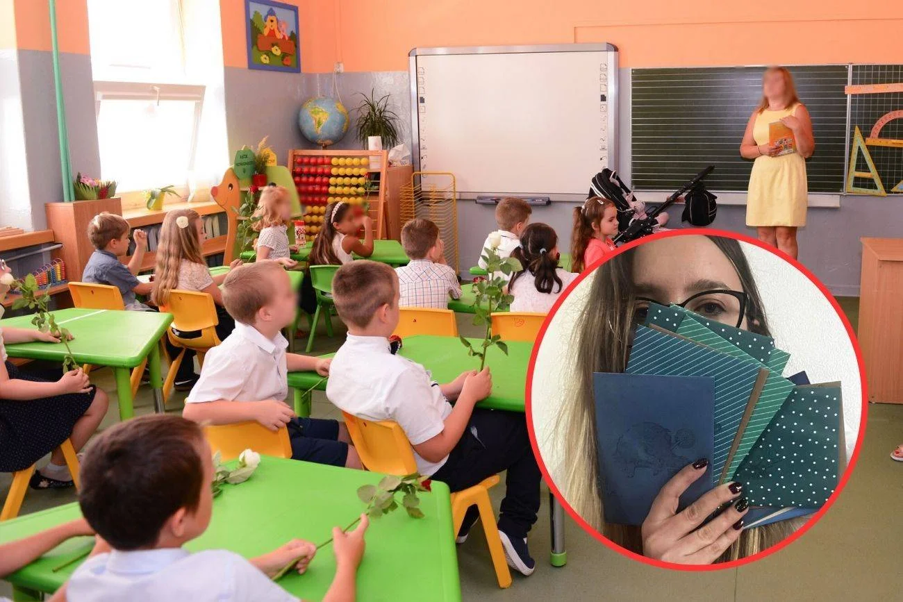 Nauczycielka z uczniami w klasie na zakończeniu roku szkolnego wręcza świadectwa.