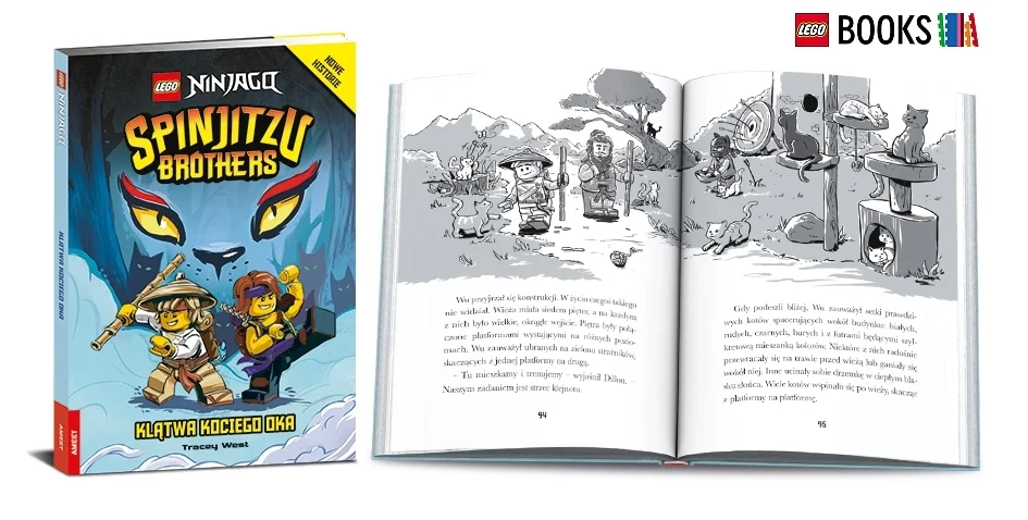 Okładka i przykładowe strony książki "LEGO® NINJAGO®: Klątwa kociego oka"