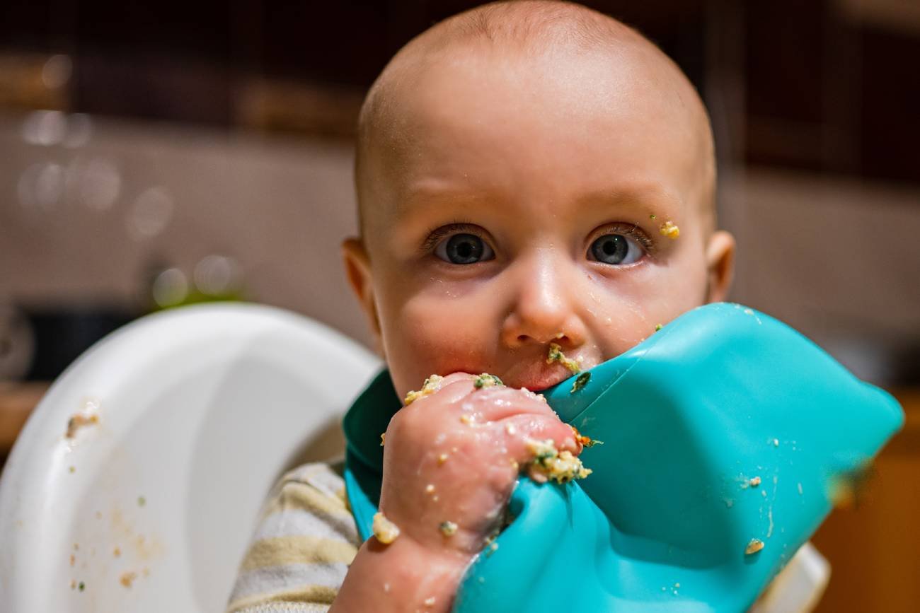 Niemowlak ma rozszerzaną dietę za pomocą metody BLW.