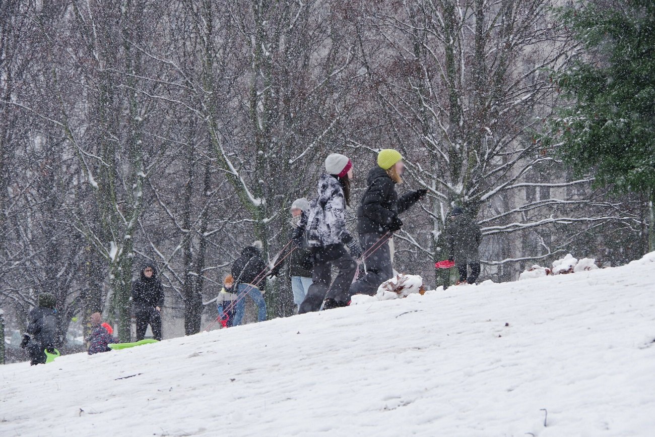 Dzieci ferie zimowe spędzają na zabawach w śniegu.