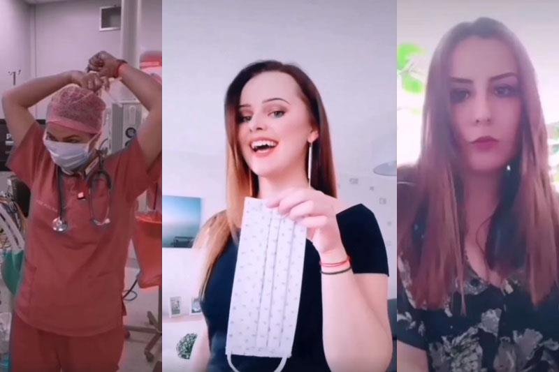 Pielęgniarki z Poznania zrzucają maseczki, nagrywając internetowy challange. Pod nimi widzimy piękne, pomalowane kobiety.