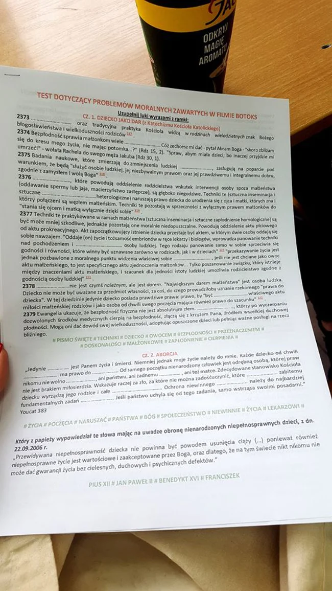 Test z "Botoksu" na lekcji religii.