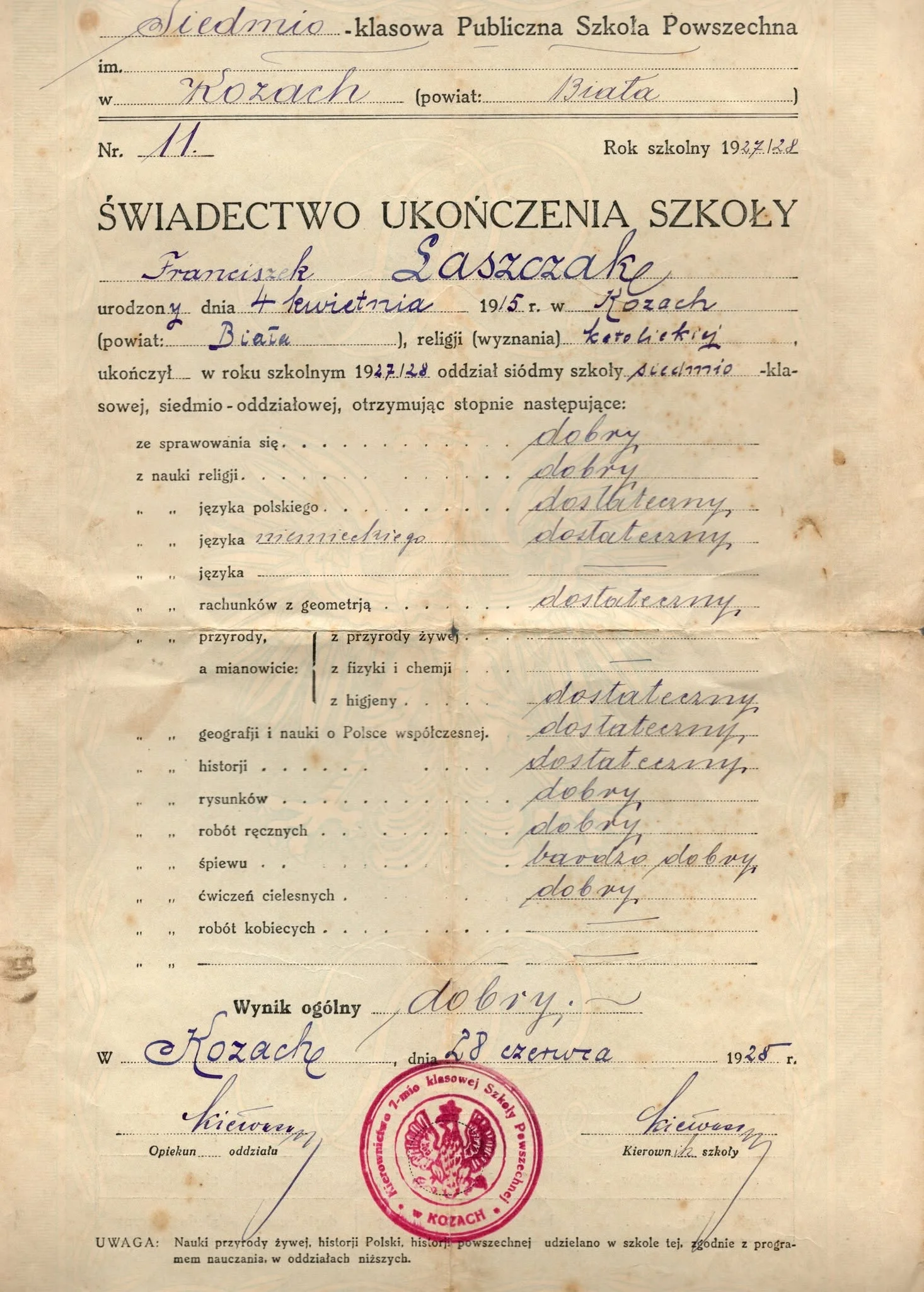 świadectwo szkolne z 1928 roku