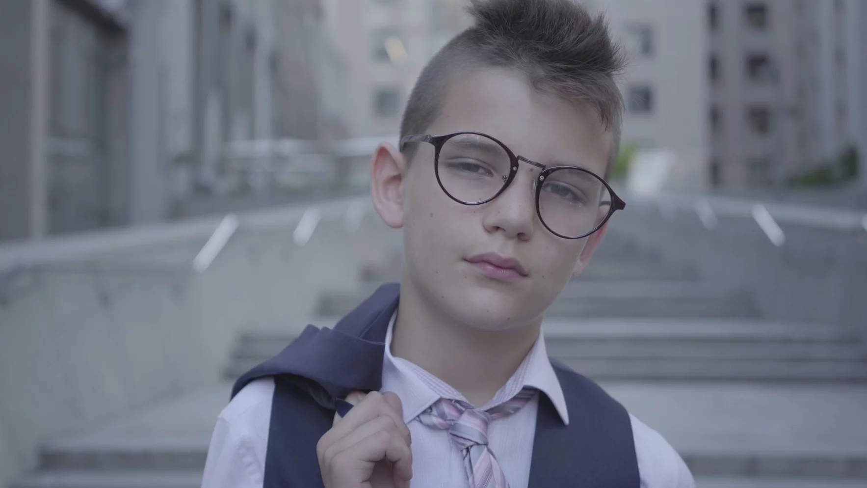 Na zdjęciu chłopiec w garniturze.