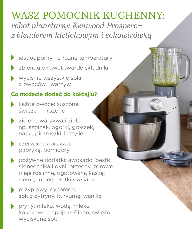 Pomocnik kuchenny: robot planetarny Kenwood Prospero+ z blenderem kielichowym i sokowirówką - infografika