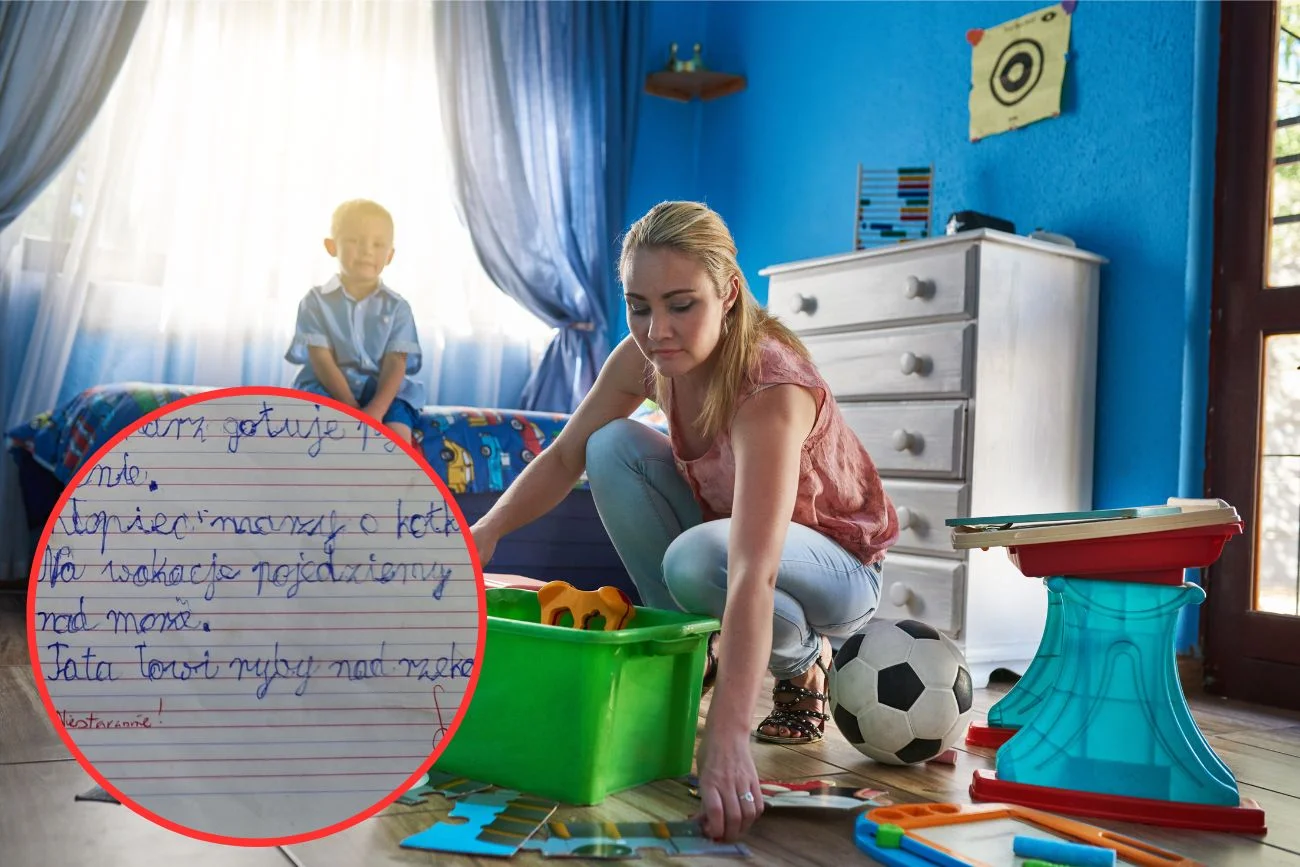 Mama sprząta zabawki, dziecko przygląda się jej, zamiast pomóc.