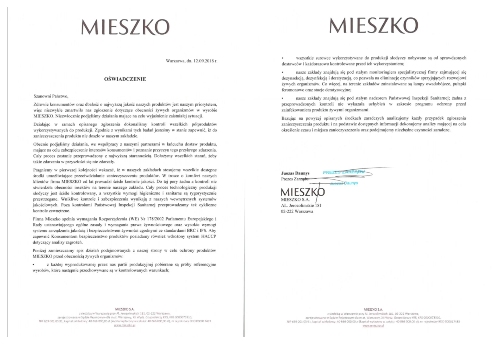 Oświadczenie producenta
