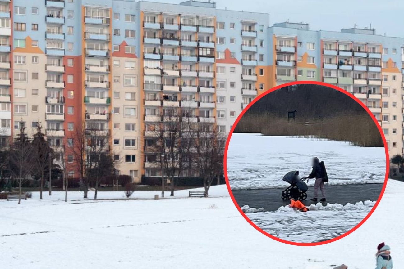 Kobieta z wózkiem spacerująca po lodzie.