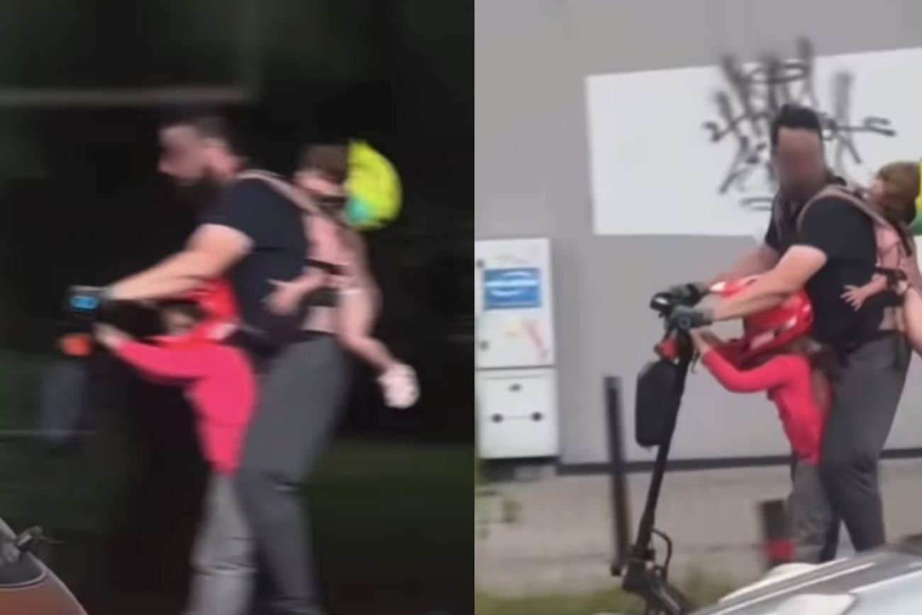 ojciec na hulajnodze z dziećmi