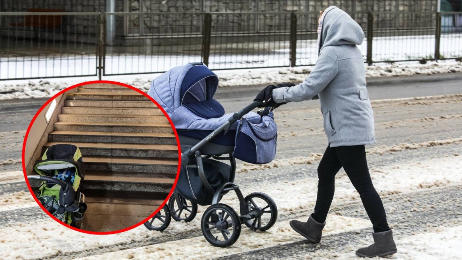 spacer z wózkiem, wózek na mieście, wózek na śniegu, wózek i schody, brak windy