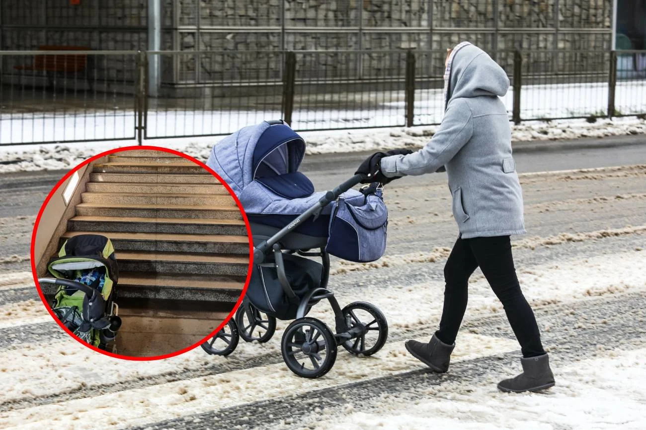spacer z wózkiem, wózek na mieście, wózek na śniegu, wózek i schody, brak windy