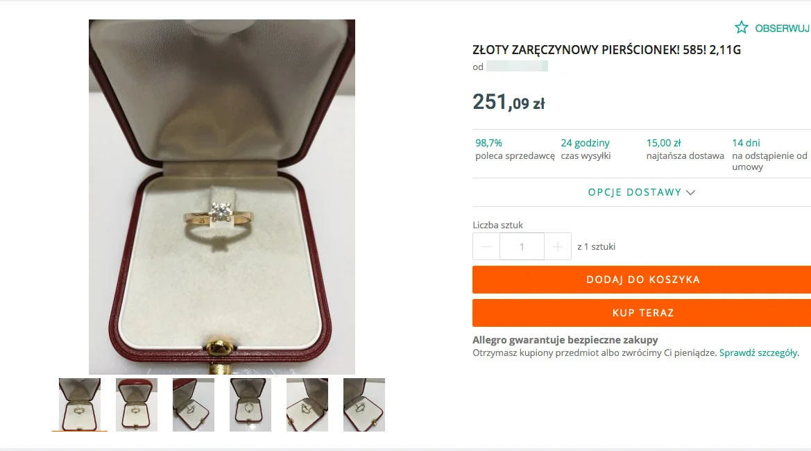 Przykład aukcji, na której można kupić pierścionek z odzysku.