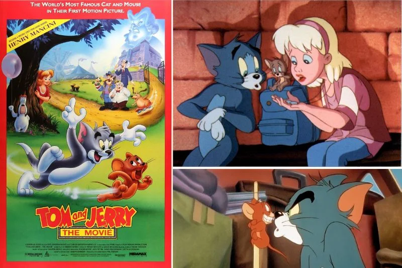 Plakat i kadry z filmu "Tom i Jerry: Wielka ucieczka" z 1992 roku
