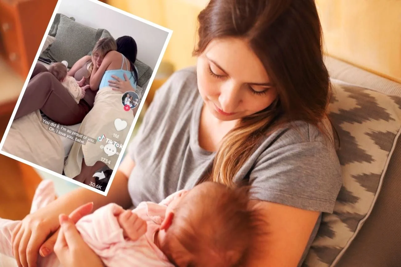 Mama po porodzie odpoczywa z noworodkiem.