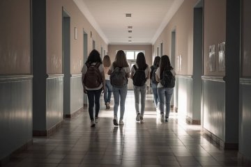 Grupa nastolatek idzie szkolnym korytarzem.