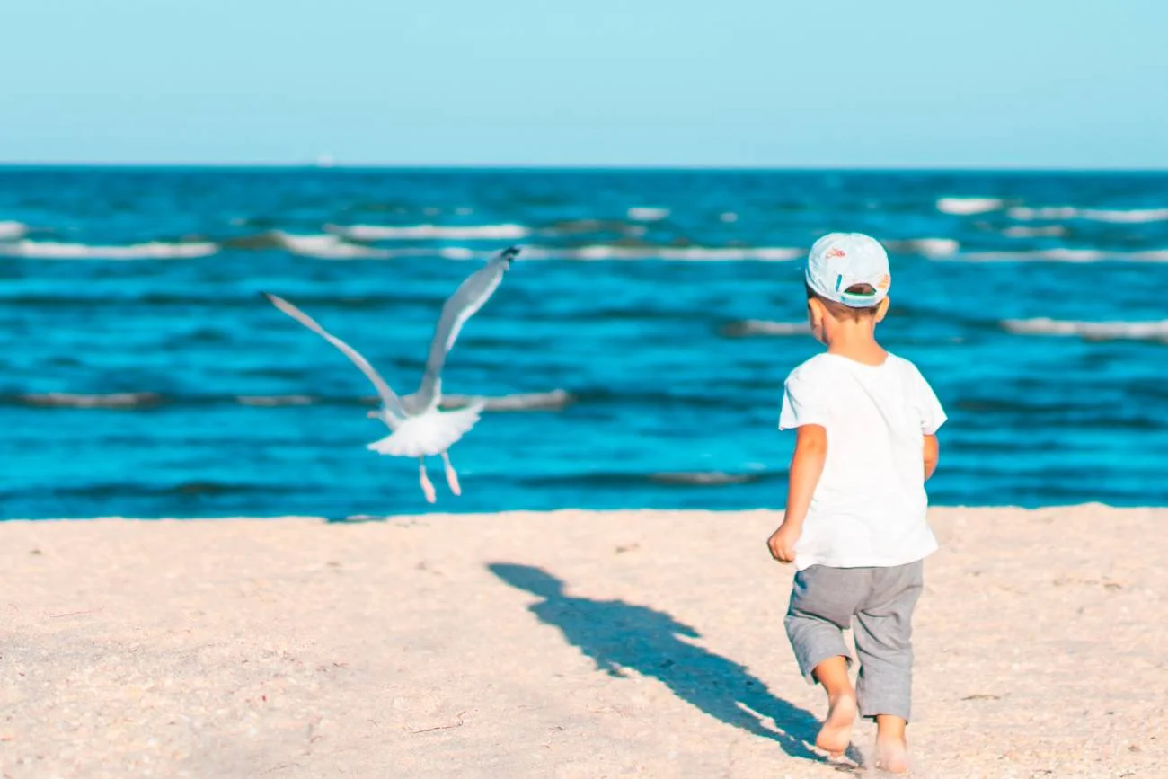 Odważne dziecko samodzielnie spaceruje po plaży.
