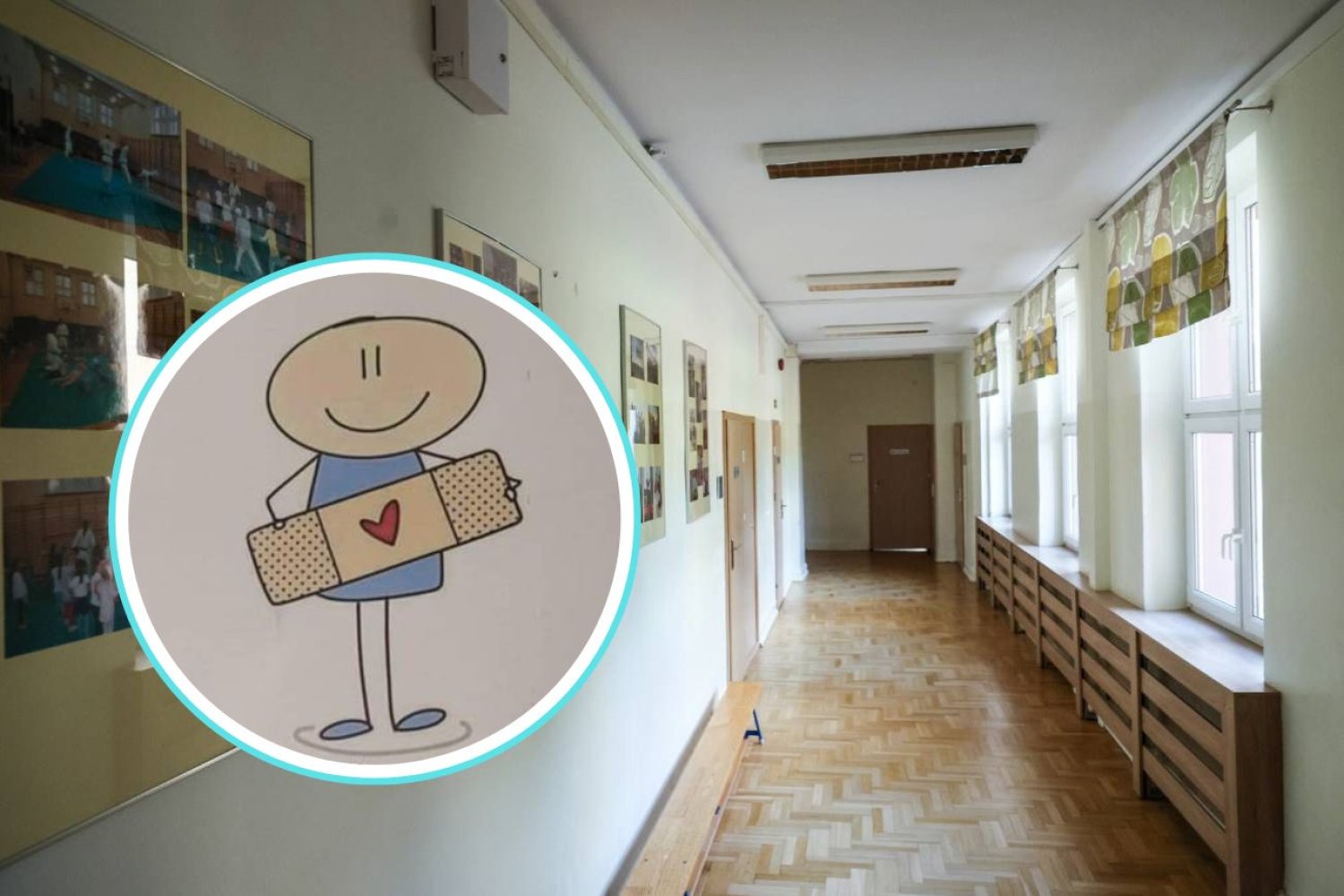 Szkolny korytarz i zdjęcie rysunku.