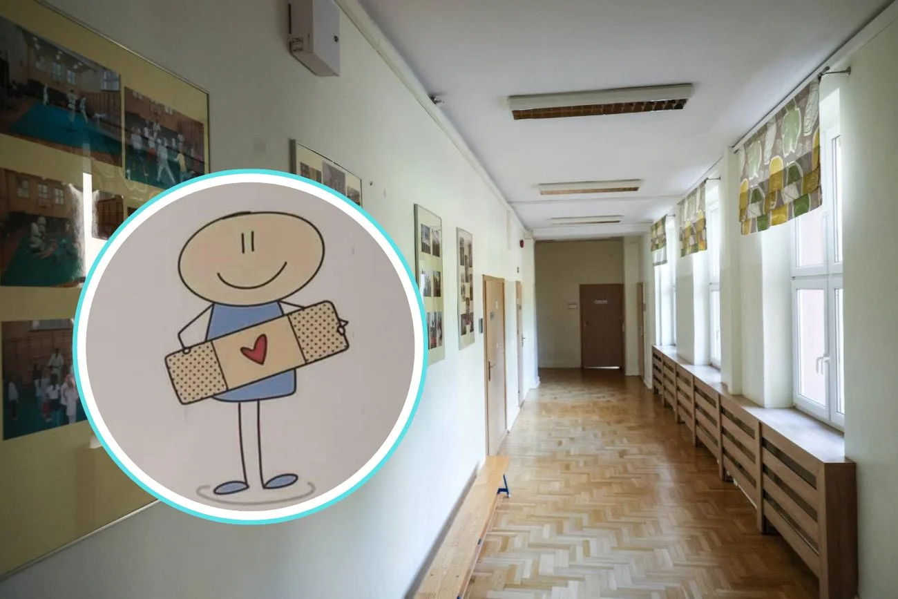 Szkolny korytarz i zdjęcie rysunku.