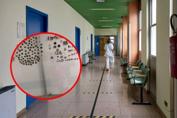 Tablica ostrzegająca rodziców na szpitalnym korytarzu pokazuje, co w brzuchach dzieci znajdowali lekarze.