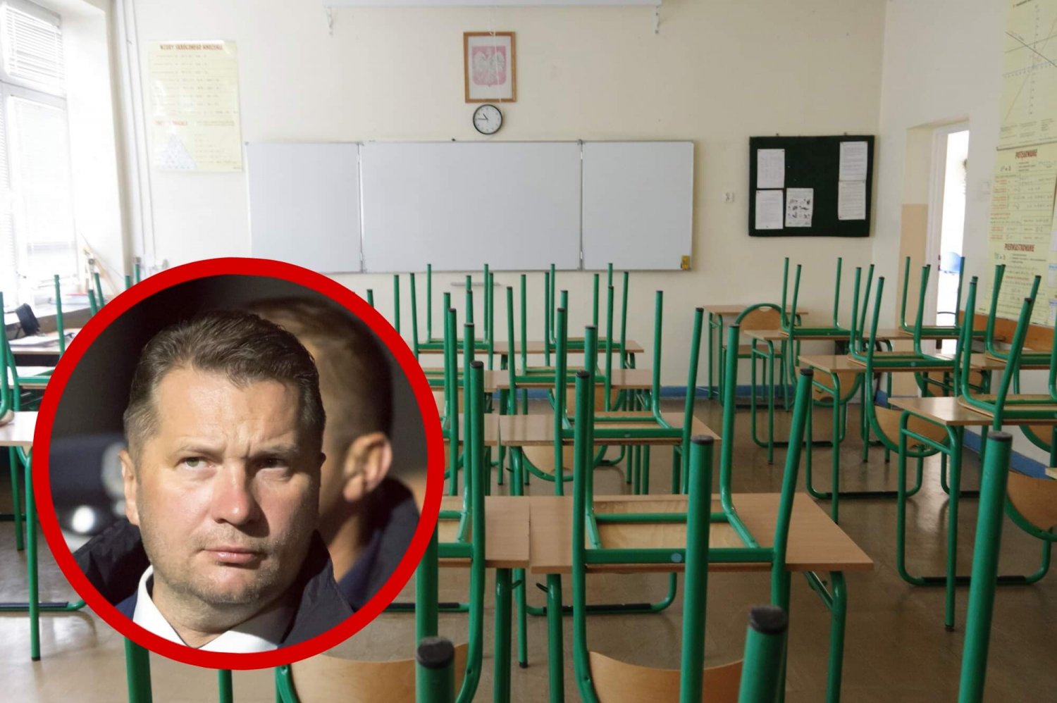 Pusta sala klasowa w polskiej szkole/ Przemysław Czarnek, minister edukacji.