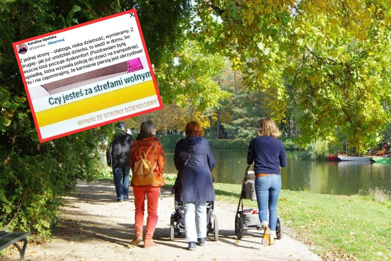 Matki na spacerze w parku z dziećmi w wózkach.