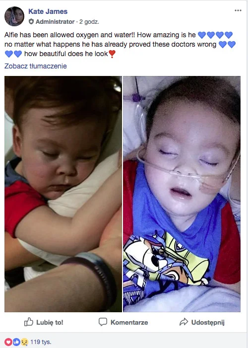 Mama chłopca informuje o jego stanie na Facebooku