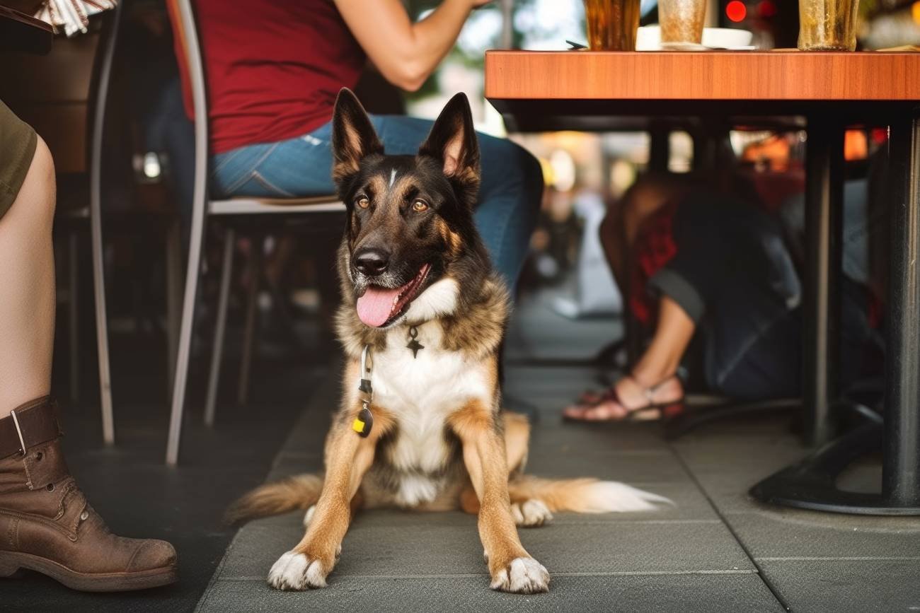 Piesi siedzi pod stolikiem w kawiarni.