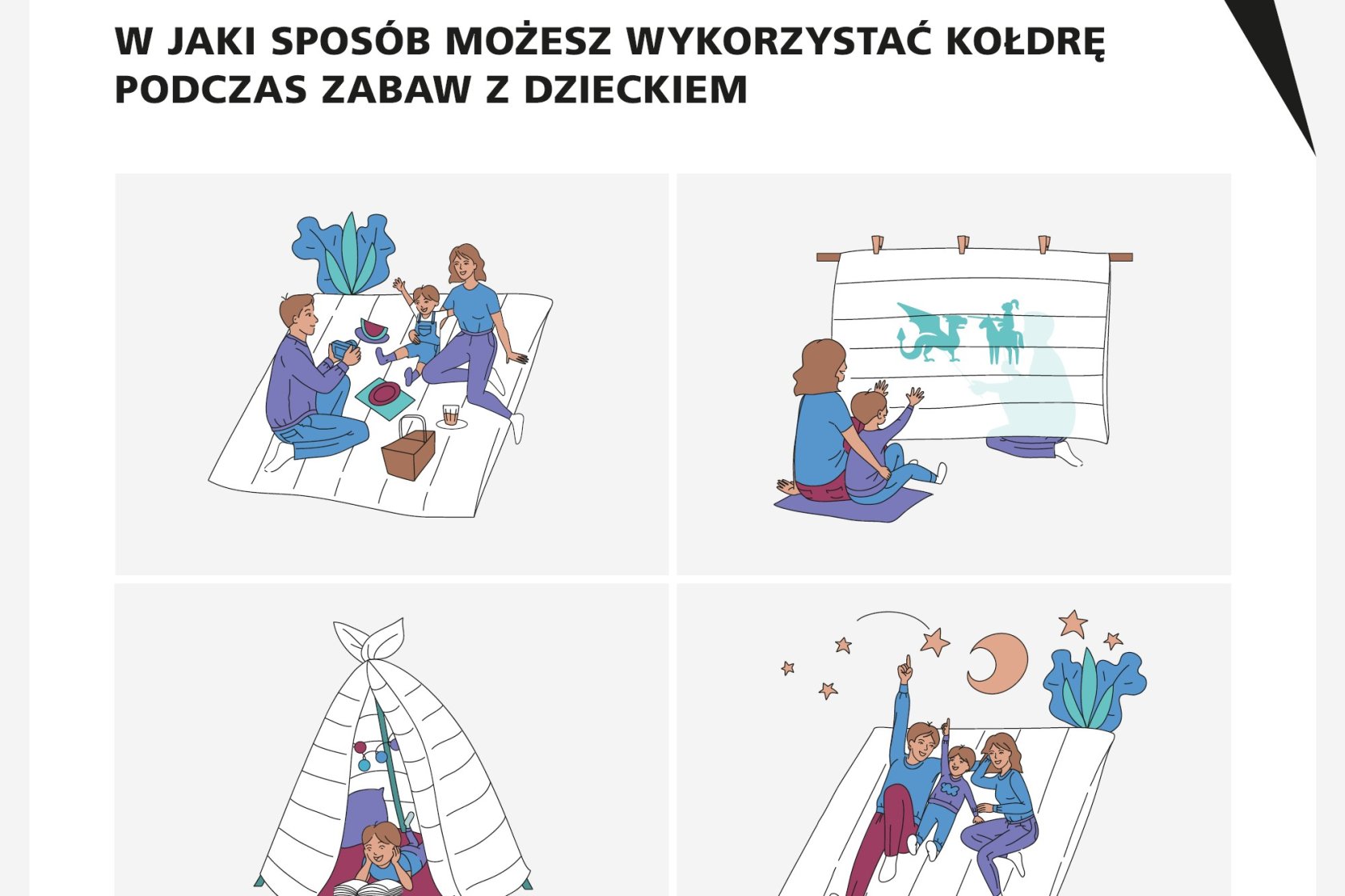 Infografika zabawy z dzieckiem przy użyciu kołdry ALVSBYN