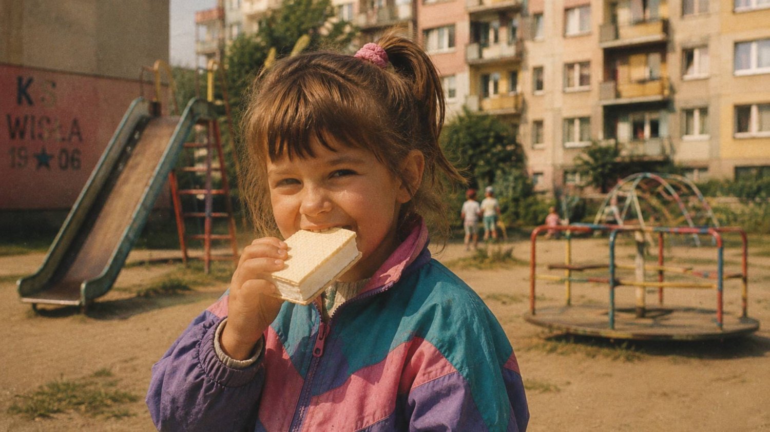 dziewczynka z lodem Śnieżka na placu zabaw w blokowisku lat 90.