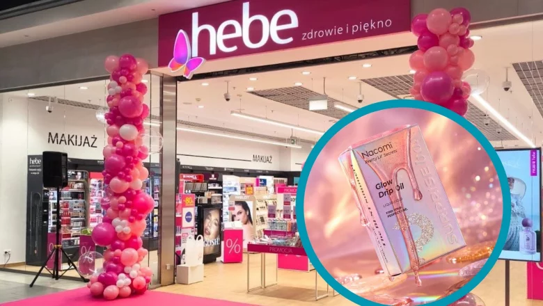 Blind boxy w Hebe, na które wszyscy czekali. W środku kosmetyk dający efekt glow Na zdjęciu wejście do sklepu Hebe z produktem Nacomi.