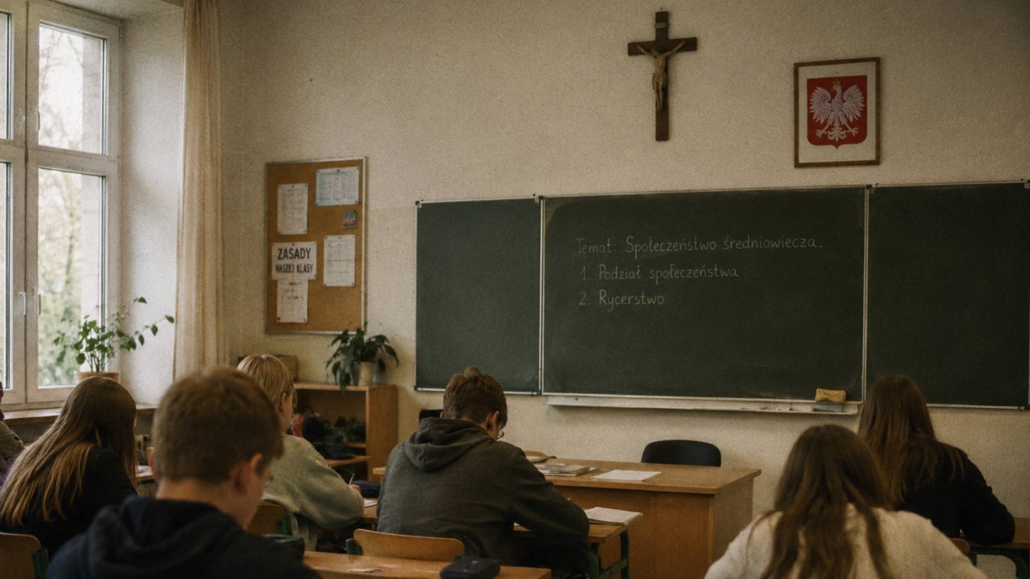 klasa lekcyjna z uczniami i krzyżem na ścianie