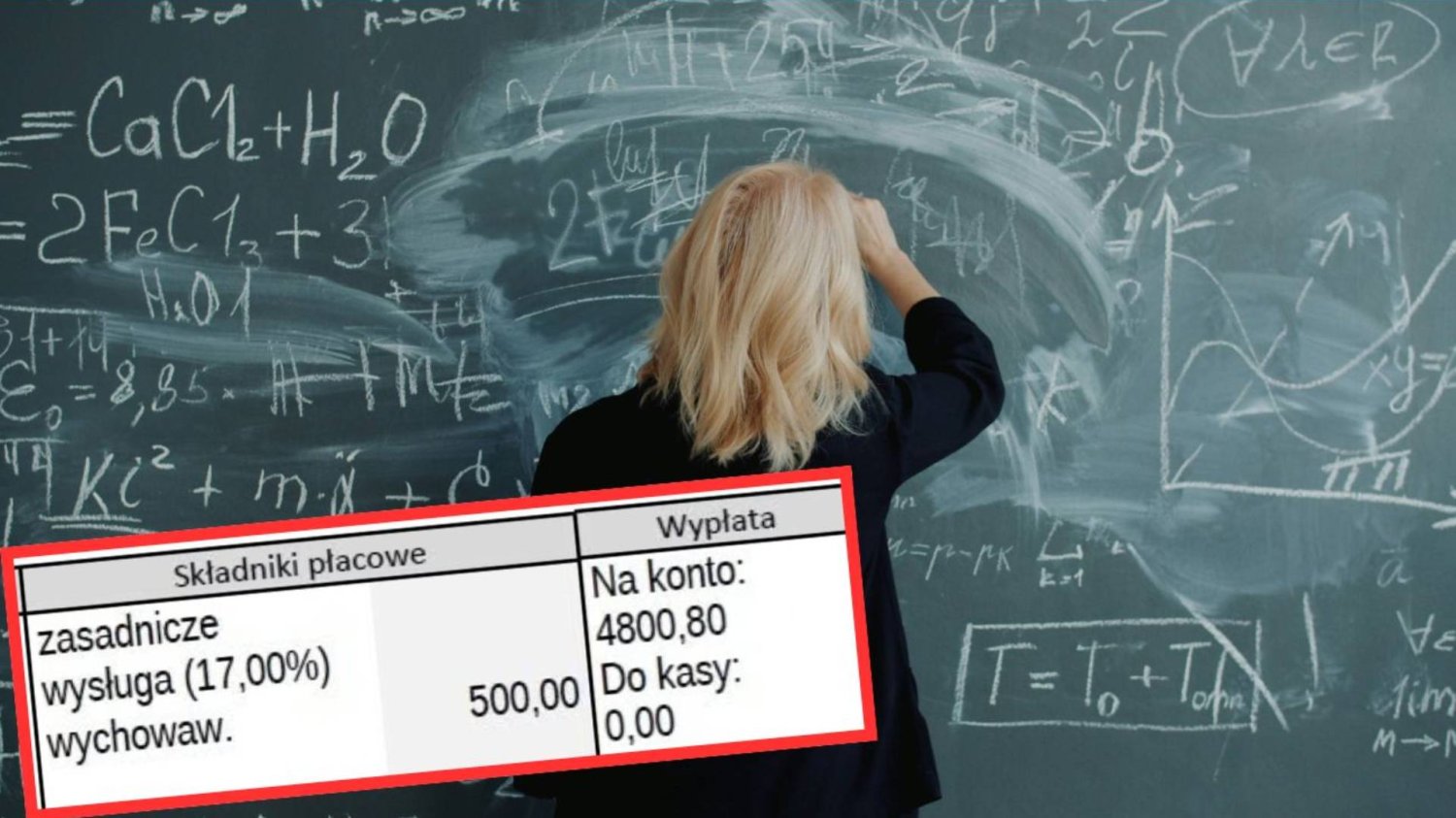 nauczycielka zapisuje informacje kredą na tablicy