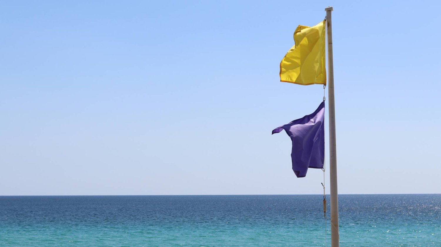 żółta flaga i fioletowa flaga na plaży nad morzem